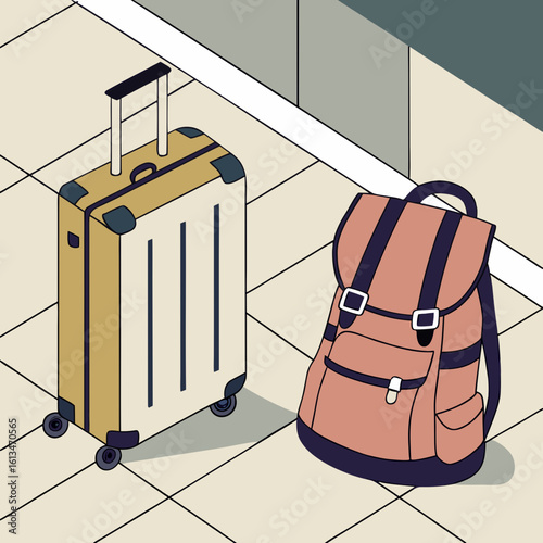 Luggage including suitcase and backpack in indoor travel setting  