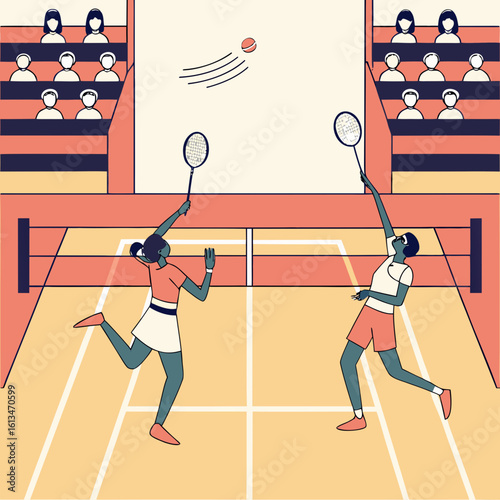 Two women playing badminton in an indoor court with spectators  