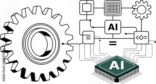 Illustration showing a gear connected to an ai chip with various other connected components and lines