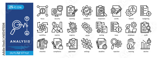 analysis icon set collection in outline style. an icon pack contain focus, security, warning, validation, inspection, certify, hazard, budgeting, workflow, metrics
