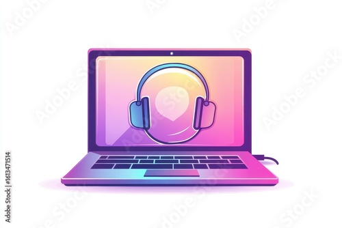 Stylish Laptop with Headphones in Modern Digital Art Design