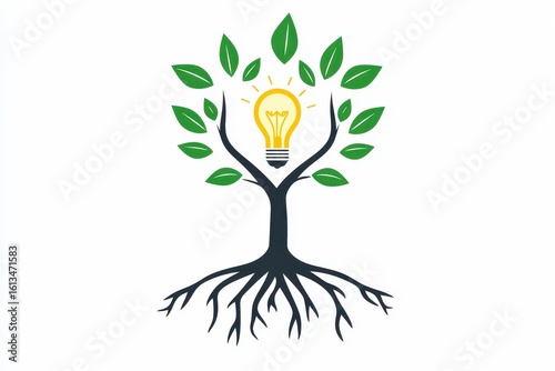 Tree with Light Bulb and Green Leaves Symbolizing Environmental Growth