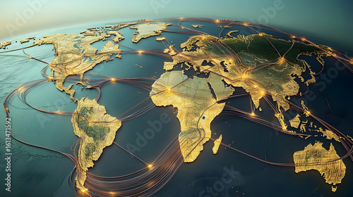 Global network of interconnected connections.  Detailed world map with numerous illuminated pathways signifying global communication and trade routes