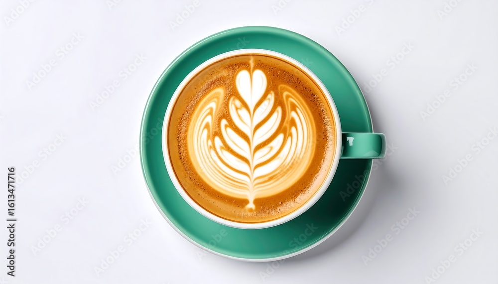 Obraz premium Aromatic morning coffee with rosetta latte art. Top-down view of a cappuccino in a stylish teal cup on a white surface.