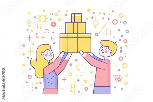 Two Characters Lifting Boxes Together in a Colorful Design Pattern