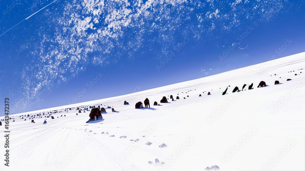 Naklejka premium Vector winter scene: Snowy mountains under a bright sun and clear blue sky.