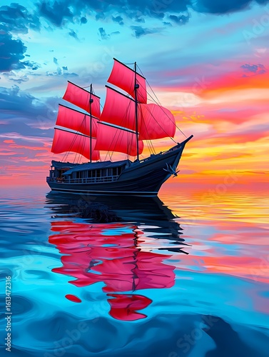 A magnificent traditional boat with vibrant red sails glides smoothly over calm waters during a stunning sunset, reflecting the colorful sky. Majestic Traditional Sailboat