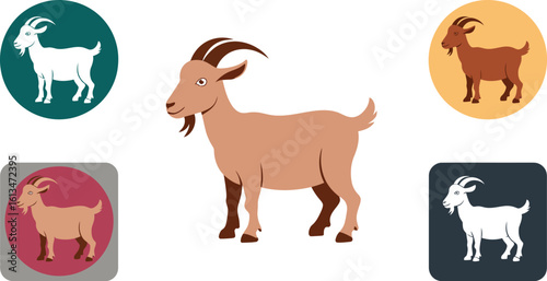 Illustration featuring a central goat figure with four goat icons in different colors around it