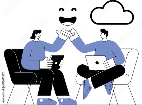 Two people fist bumping under a smiley face and cloud while using a tablet and laptop on chairs
