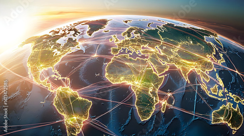 Global network of interconnected countries.  Detailed map of the world with glowing lines representing international connections, illuminating the continents and highlighting global interdependence