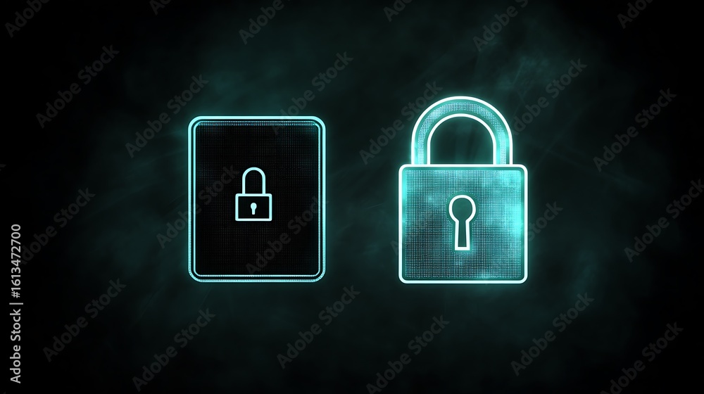 Fototapeta premium Digital illustration featuring two stylized padlocks against a dark background
