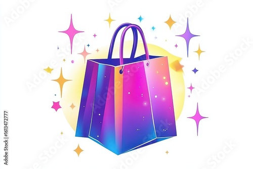 Vibrant Shopping Bag Surrounded by Sparkling Stars in Vector Art Style