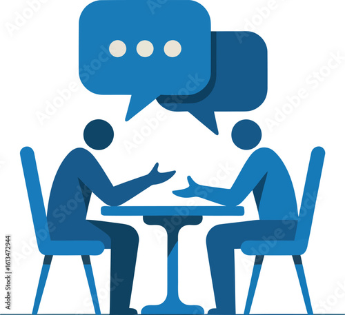 Two abstract figures converse at a table with speech bubbles above them in a minimalist design style