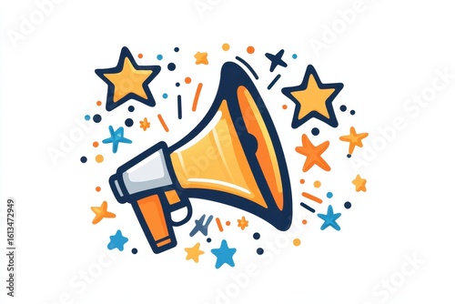 Vibrant Illustration of a Megaphone Amid Colorful Stars and Confetti