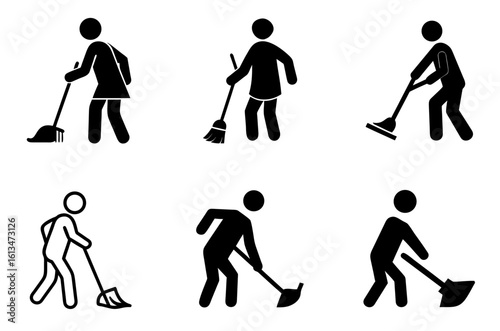 Simple silhouette of person sweeping with broom icon set for cleaning services and household chores


