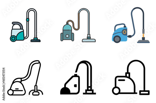 Powerful vacuum cleaner with hose and nozzle icon set for floor cleaning and home maintenance

