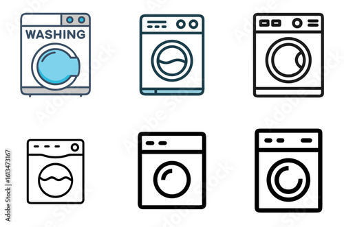 Modern washing machine icon set for laundry, garment care, and domestic cleaning solutions

