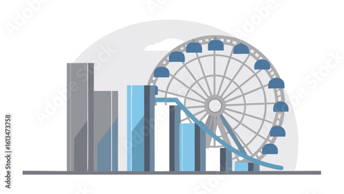 Declining bar graph with a ferris wheel in the background representing economic downturn or recession