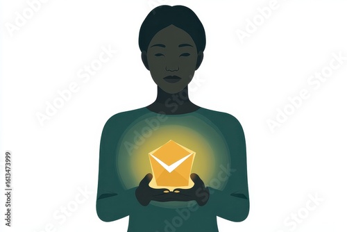 Woman Holding Golden Envelope with Light in Dark Background