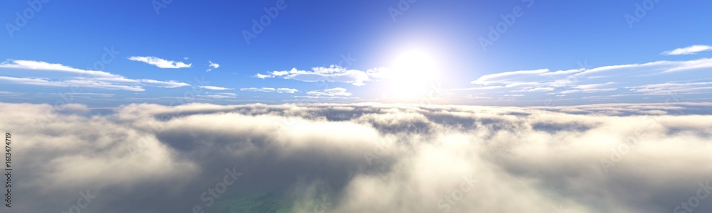 Obraz premium Beautiful landscape of clouds at sunrise top view, clouds under the setting sun, clouds panorama, 3d rendering
