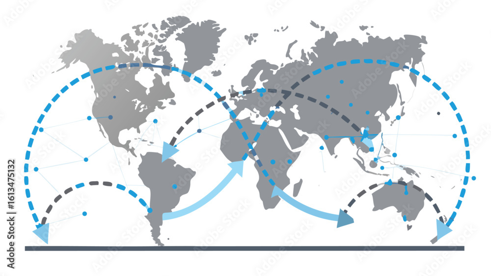 Obraz premium World map with dotted lines and arrows indicating global connections and network distribution across continents