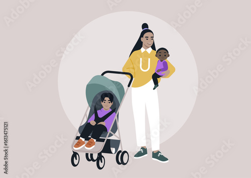 A nurturing parent holds a baby in one arm while managing a stroller with another child seated inside. They move through a vibrant city, radiating warmth and connection on a lovely day