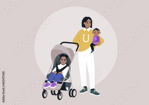 A nurturing parent holds a baby in one arm while managing a stroller with another child seated inside. They move through a vibrant city, radiating warmth and connection on a lovely day