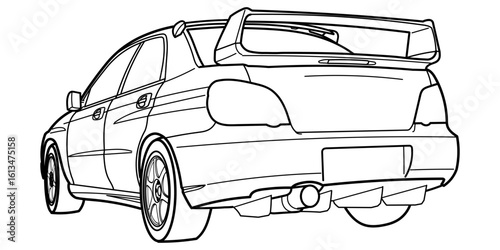 Outline drawing of a sport car, rear side view. Vector doodle illustration from is a sports sedan and rally car.
