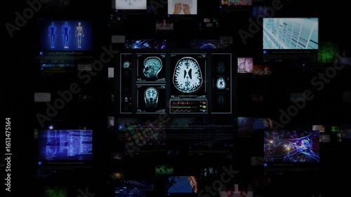 Holographic World With Multiple Medical Themed Screens Passing By. Video Wall. Diverse Videos In A Dark Internet Made Of Millions Of Flying Screens Blocks. Technology Animation.
