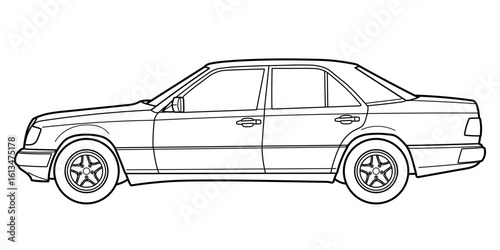 Classic german sedan car of 80s, 90s. Different five view shot - front, rear, side and 3d. Outline full hand drawn doodle vector illustration, non ai