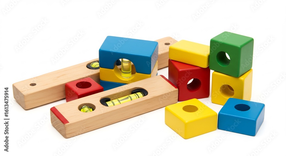 Obraz premium 木製ブロックと水平器 カラフルな幾何学模様 明るい自然光で撮影. AI Generated