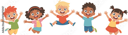 Excited children jumping, cartoon vector illustration, group of happy kids, playful childhood fun, diverse cartoon children, colorful smiling characters, joy