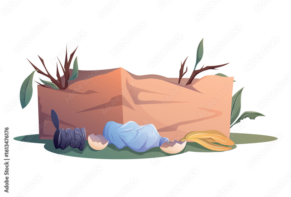 Naklejka premium Cartoon vector illustration of crumpled cardboard box filled with dry branches and surrounded by trash. Isolated waste concept for recycling, ecology, and environmental pollution themes.