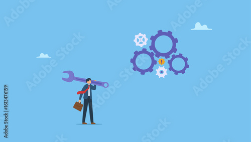 Smart businessman carrying big wrench metaphor of fixing problem. Fix business problem, help resolve problem, improve business in downturn or crisis management.