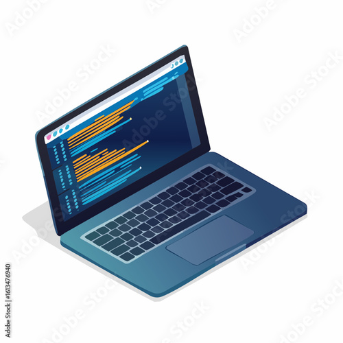 Software, web development, programming concept. Abstract Programming language and program code on screen laptop in isometric. Laptop on a stand for programming, coding, software development in dark.
