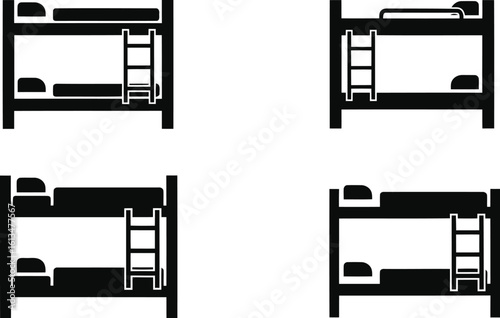 Bunk Bed Silhouette Icon Vector Set - Sleeping, Furniture, Space-Saving
