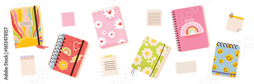 Set of cute notebooks and notepads in flat cartoon style. Ideal for school, journaling, planning, or stationery design themes. Isolated on white background. Back to school season