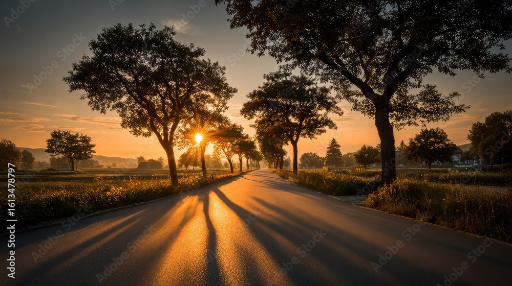 Fototapeta premium Sunset over a quiet country road with warm golden tones and long tree shadows.