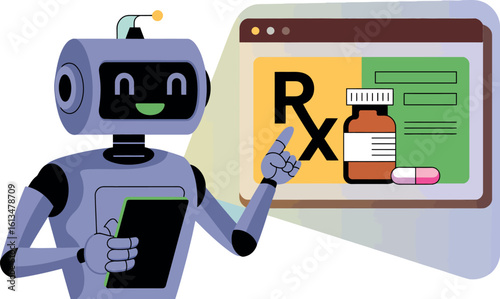 Robot holding clipboard pointing at prescription medication bottle on screen with rx symbol displayed