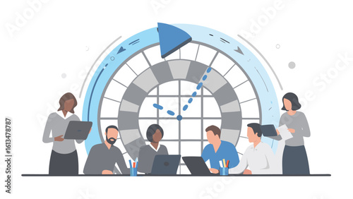 Group of diverse professionals collaborating around a time management circular diagram in a workplace