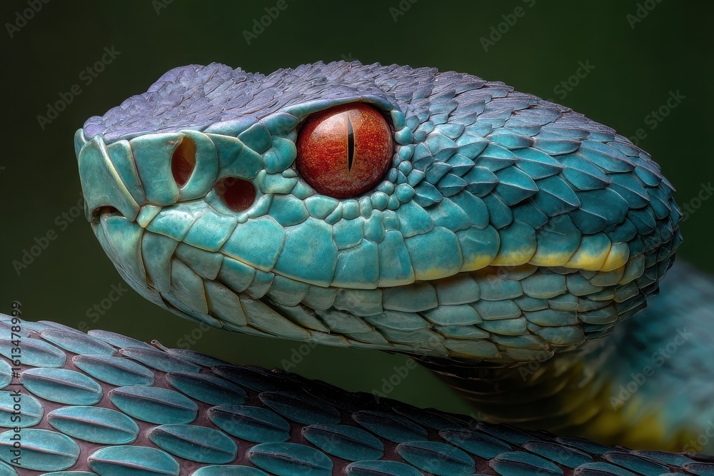Fototapeta premium Close up of a vibrant blue pit viper with striking red eyes in a natural setting