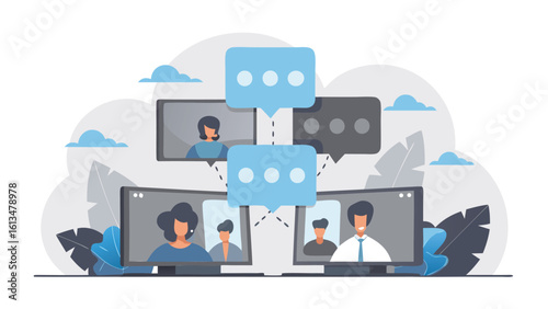 People communicating through video calls with speech bubbles and cloud background in a virtual meeting
