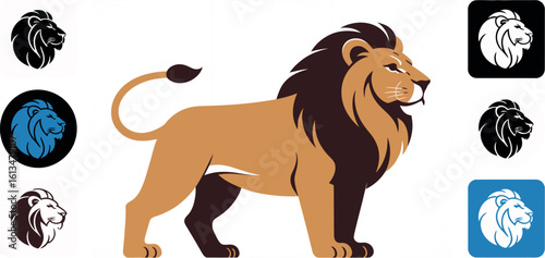Illustration of a lion with a brown mane and tail with smaller lion icons around the main image