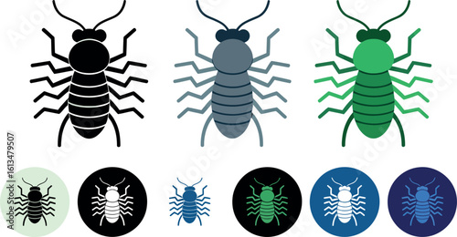 A vector illustration showing three termite icons in different colors with smaller icons below them