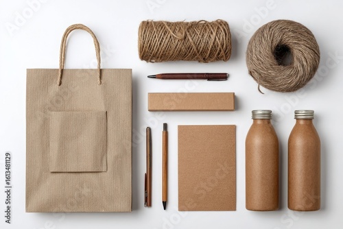 Eco friendly paper shopping bag with natural twine pens notebook and reusable glass bottles
