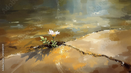 Single Daisy Growing Through Crack in Rock, Sunlight