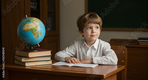 Young Boy with Globe and Books at School Desk Looking Away