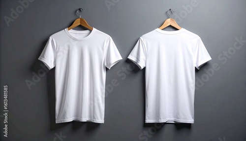 Two white t-shirts hanging on wooden hangers against a gray wall, one facing front and the other facing back.