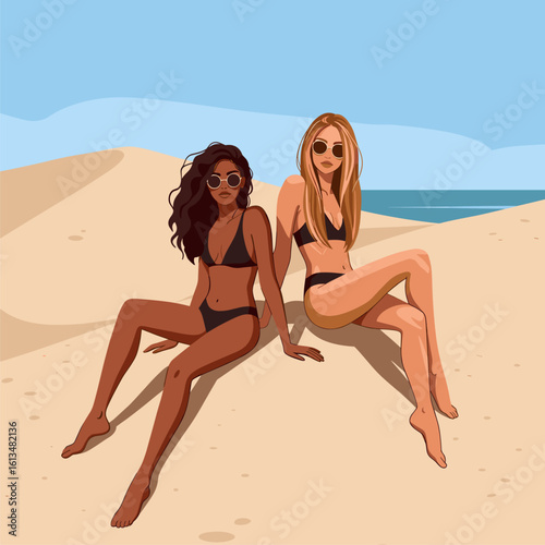 Diverse women in bikinis relaxing on sandy beach dunes. Summer vacation illustration of friends by the sea.