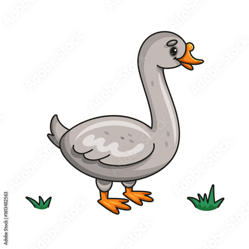 Cute Gray Goose in Grass. Vector Illustration
